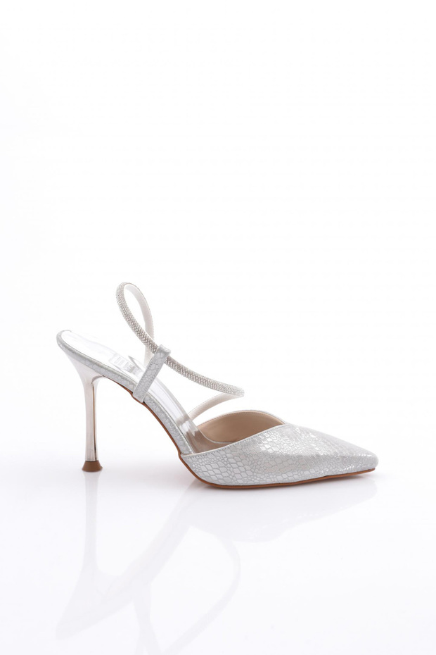 Women's Stone Stringed Women's Heeled Evening Dress Shoes Silver 316253