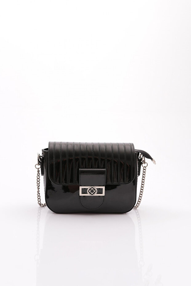 Black Patent Leather Women's Bag - Chain and Shoulder Strap 411103279