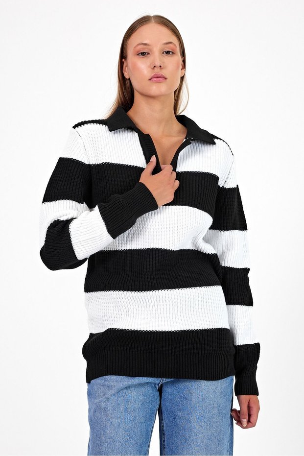Women's Striped Striped Comfort V Polo Neck Knitwear