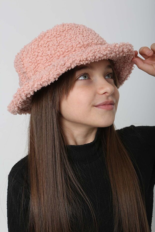 Çocuk Kıvırcık Peluş Bucket Şapka RKŞ-Ç-10 Pudra - 4