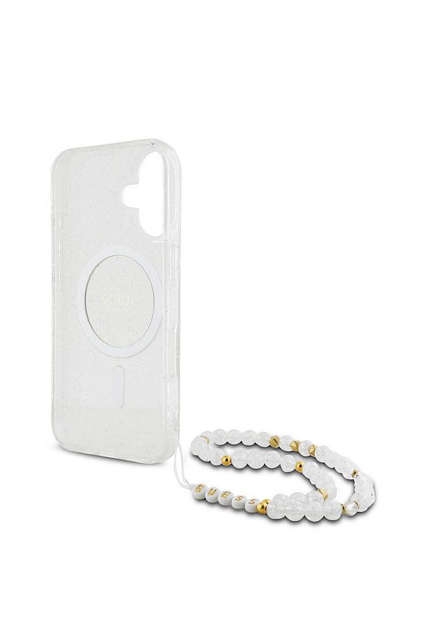 iPhone 16 Uyumlu Kılıf Guess  Lisanslı Magsafe Özellikli Simli Silikon İnci Bileklikli Şeffaf - 4