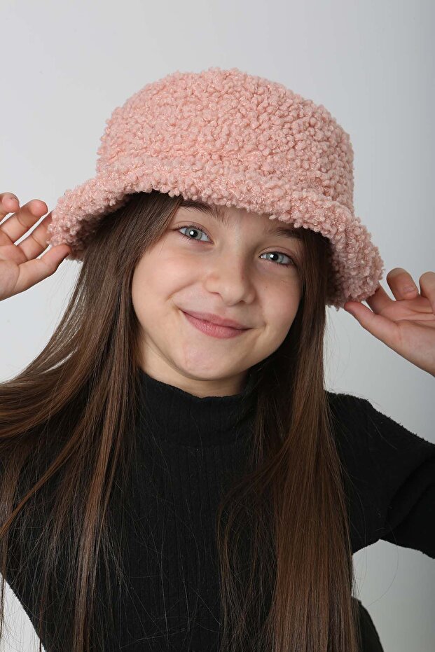 Çocuk Kıvırcık Peluş Bucket Şapka RKŞ-Ç-10 Pudra - 5