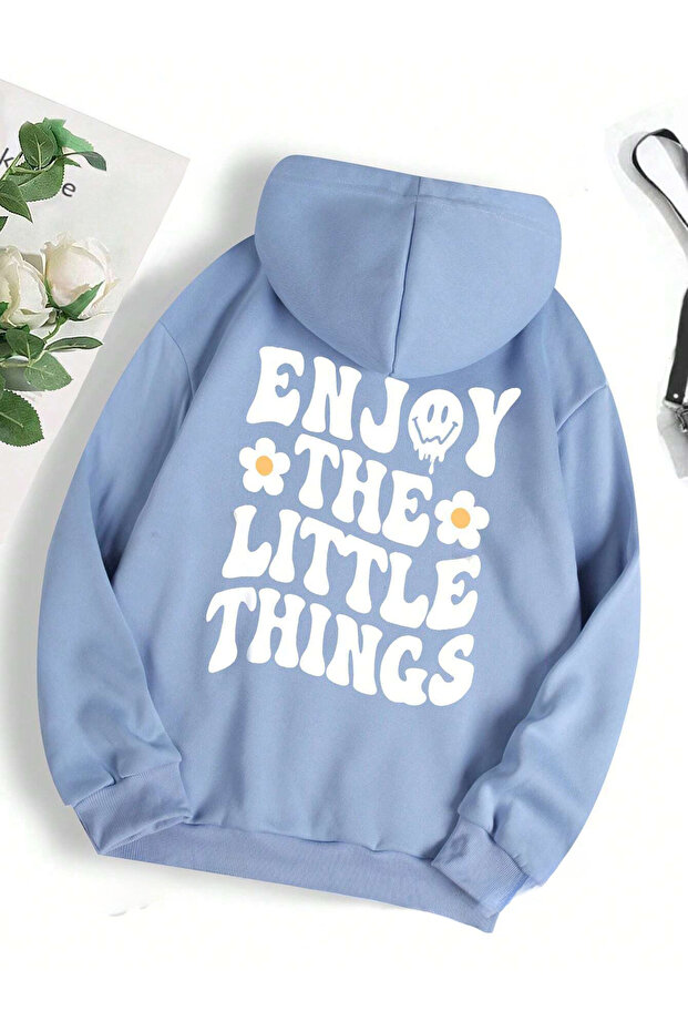 3 Thread Thick Fluffy Enjoy Printed Baby Blue Unisex Kangaroo Pocket Hooded Sweatshirt Hoodie