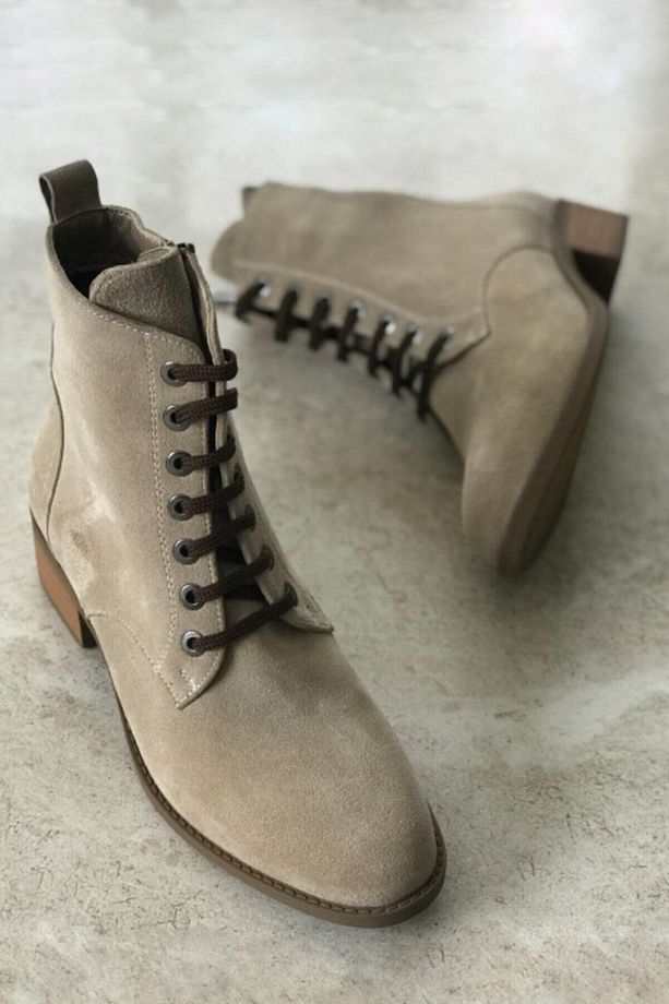 Kadın Bej Süet Hakiki Deri Bağcıklı Bot - Bootie - 2