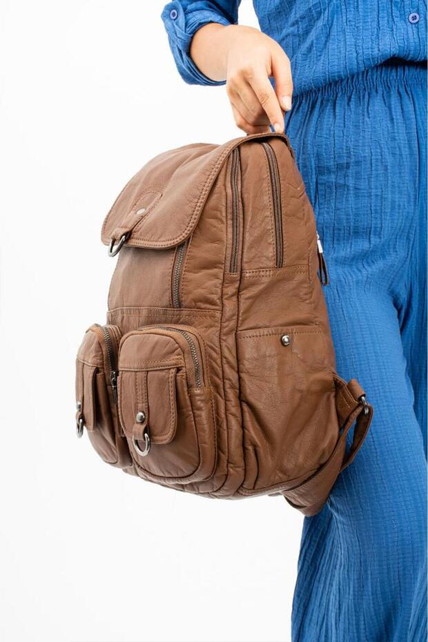 Y.S.Leather Women's Backpack Multi-Pocket Suitable for Daily Use 35*25 cm Vegan Leather Washed Artificial Leather