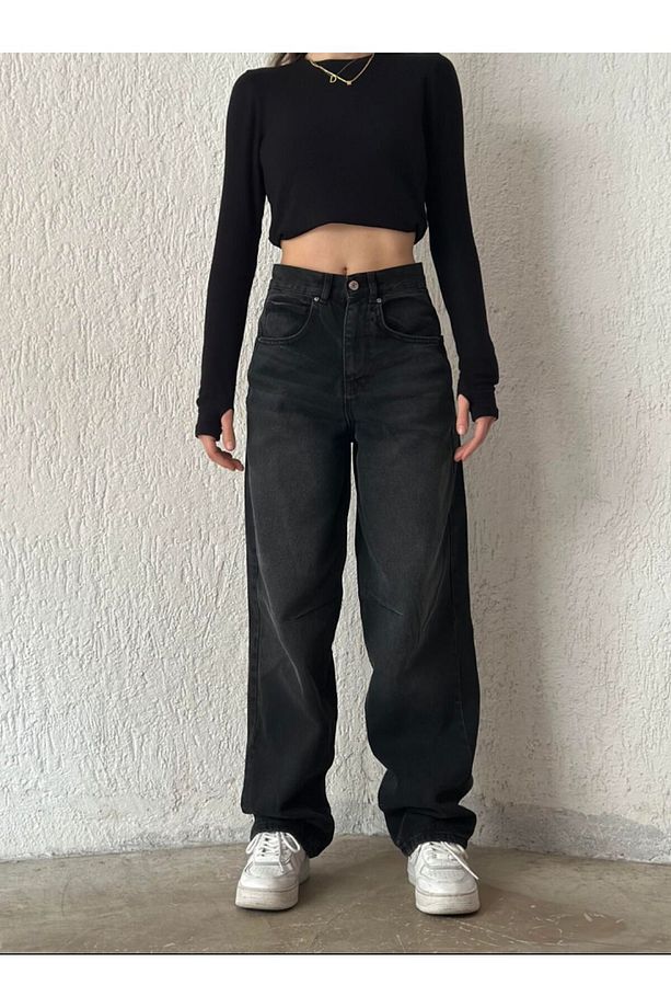Siyah Baggy Jean Yüksek Bel Bol Pantolon Straight Salaş Oversize Kalıp Kadın Pantolon - 3