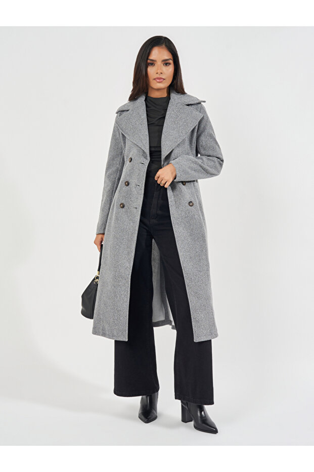 Regular Fit Double Breasted Flared Wool Like Coat
