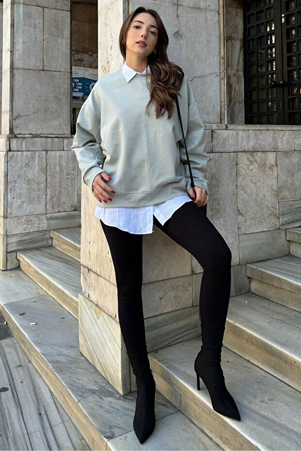 Painted Gray Crew Neck Basic Sweatshirt Mg2185 - 2