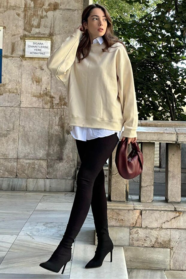 Bej Bisiklet Yaka Basic Sweatshirt MG2185 - 1