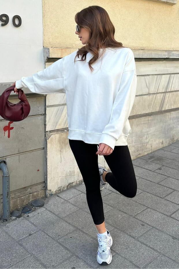 Ekru Bisiklet Yaka Basic Sweatshirt MG2185 - 6