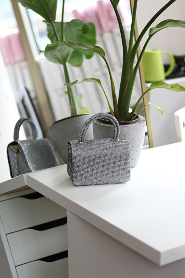 Women's Platinum Glitter Handle Chain Detailed Evening Dress Clutch Bag