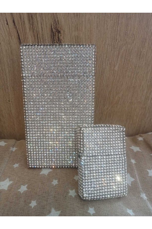 Gümüş Taşlı Slim (İNCE) Uzun Sigara Kutusu Ve Zippo Çakmak Seti - 2