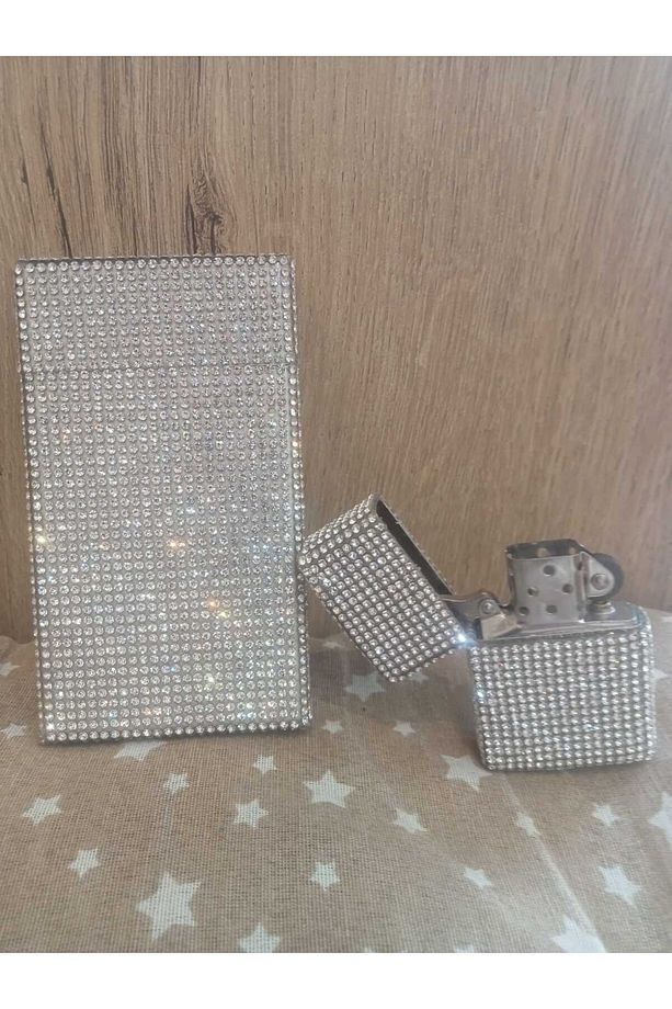 Gümüş Taşlı Slim (İNCE) Uzun Sigara Kutusu Ve Zippo Çakmak Seti - 1