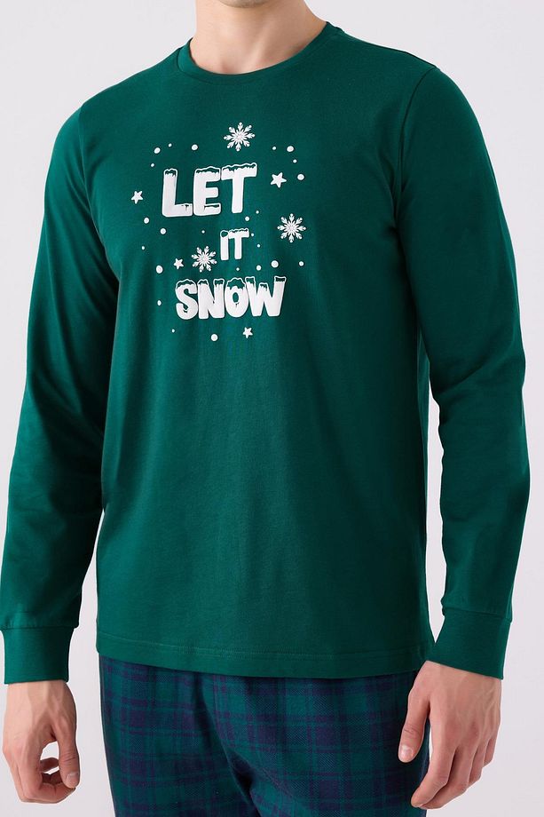 3131 Noel Erkek Let It Snow Yeşil Uzun Kol Pijama Takım - 4