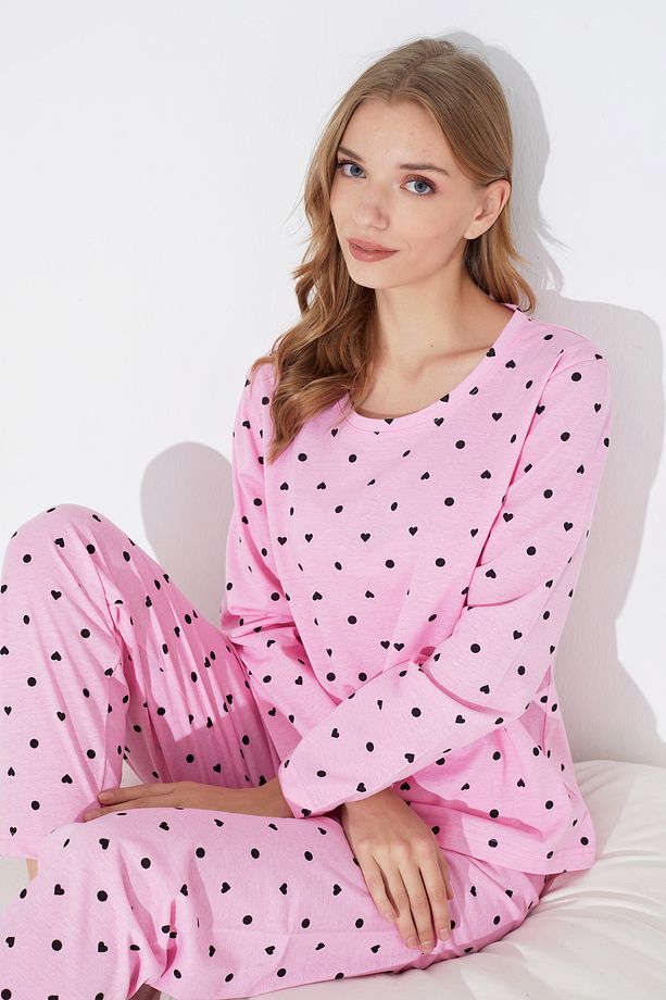 Pembe Siyah Kalp Ve Puan Desenli Örme Pijama Takım 7792 - 1