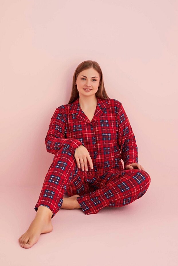Women's Winter Plus Size Red Plaid Buttoned Long Sleeve Suede Pajama Set