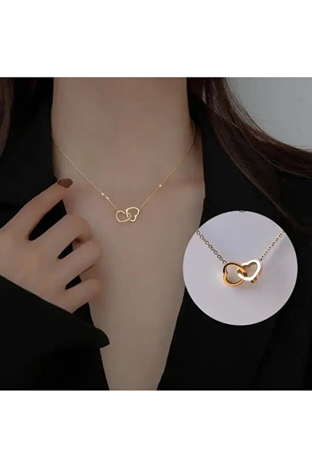 Kadın Paslanmaz Çelik İç İçe Çift Kalp Kolye - 1