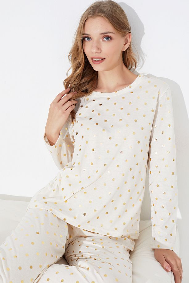Ekru Puan Varak Baskılı Örme Pijama Takım 7792 - 1