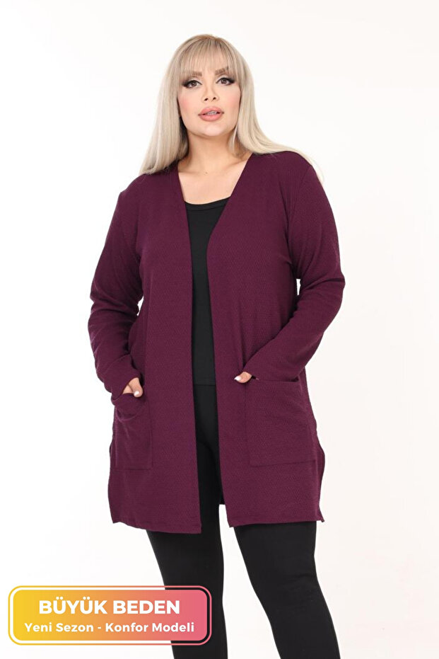Plus Size New Season Knitted Stretch Cotton Fabric Slit Double Pocket Comfort Model Cardigan