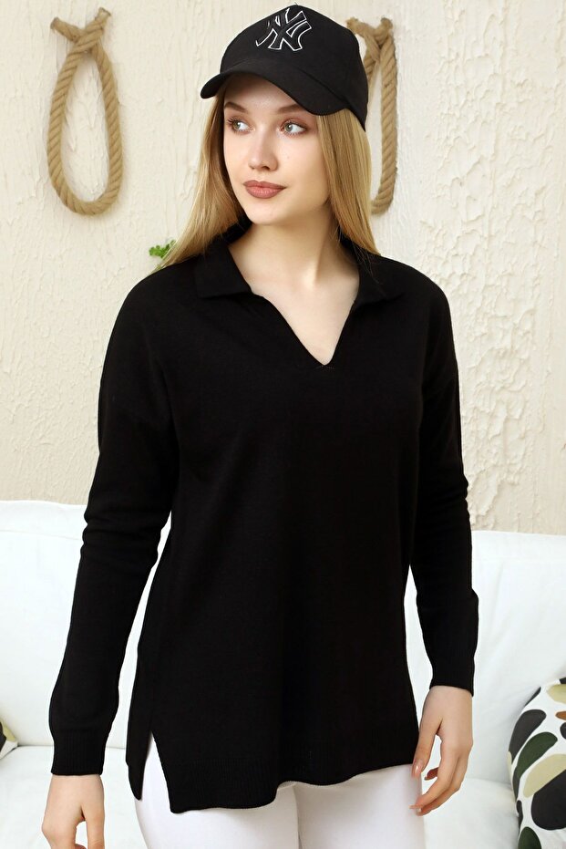 V Polo Neck Long Sleeve Slit Plain Basic Plain Seasonal Knitwear Sweater