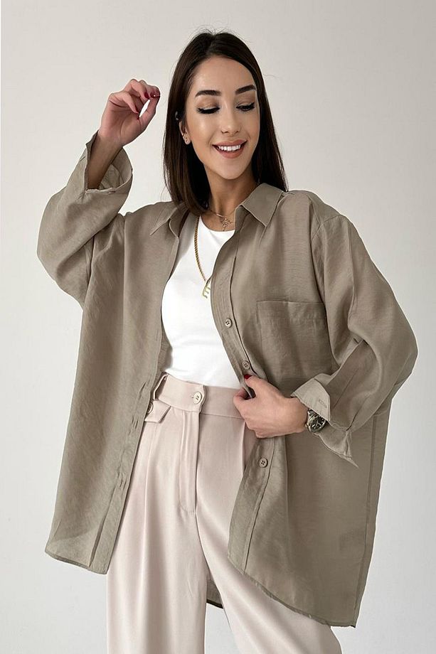 Kadın Oversize Marc Premium Tek Cepli Salaş Gömlek - 6