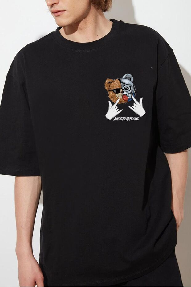 Men's Oversize Black T-Shirt Loose Fit Dareto Printed Cotton