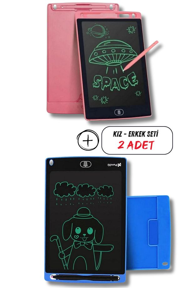Kız Çocuk Pembe Tablet + Erkek Çocuk Mavi Tablet 2 ADET Digital Çocuk Yazı Çizim Tableti Lcd 8.5 Inc - 3