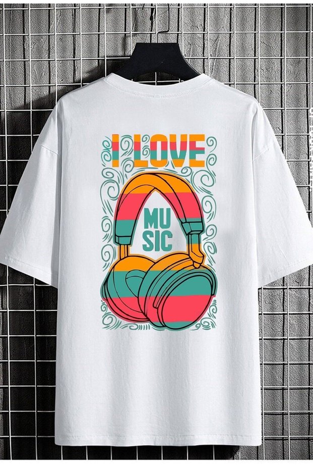 Men's Oversize White Color T-Shirt I Love Music Printed