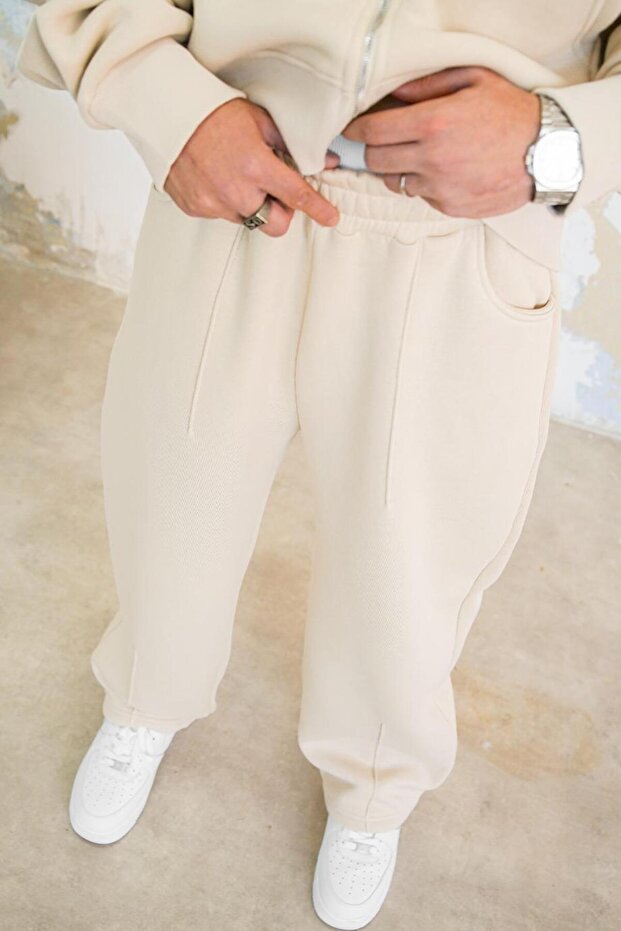 Krémes Cozy Basic redőzött táskás tréningruha - 3