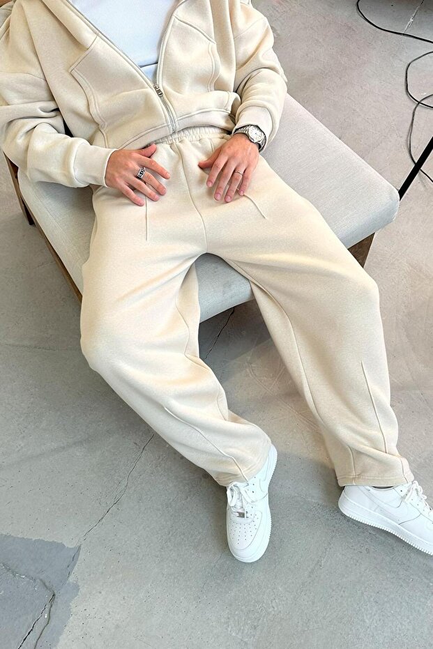 Krémes Cozy Basic redőzött táskás tréningruha - 1