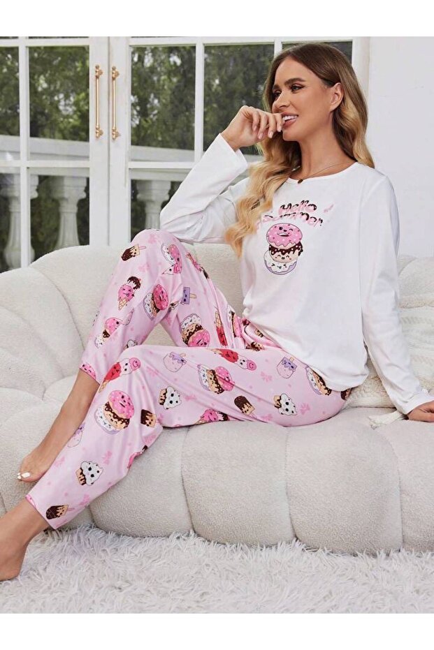 Long Sleeve White Top Women's Pajama Set Supremsoftcombed Cotton Icecream Pink