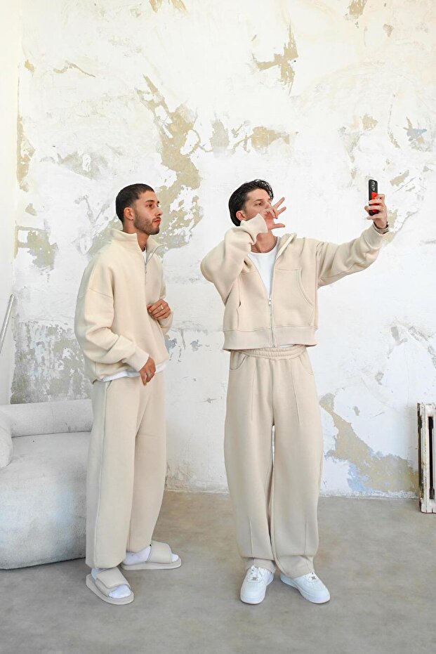 Krémes Cozy Basic redőzött táskás tréningruha - 6