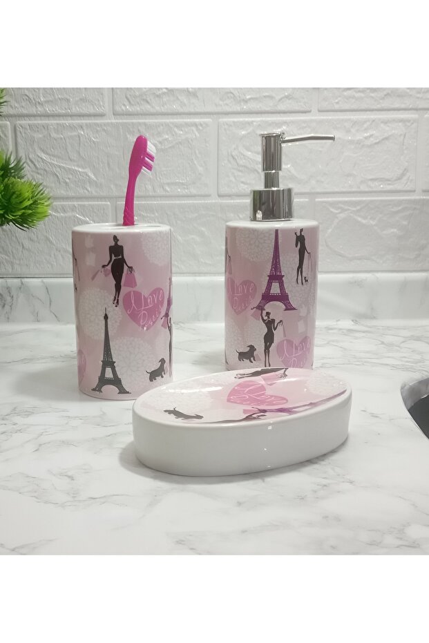 Ceramic 3-Piece Bathroom Set Girl with Paris Pattern 20x20x10cm