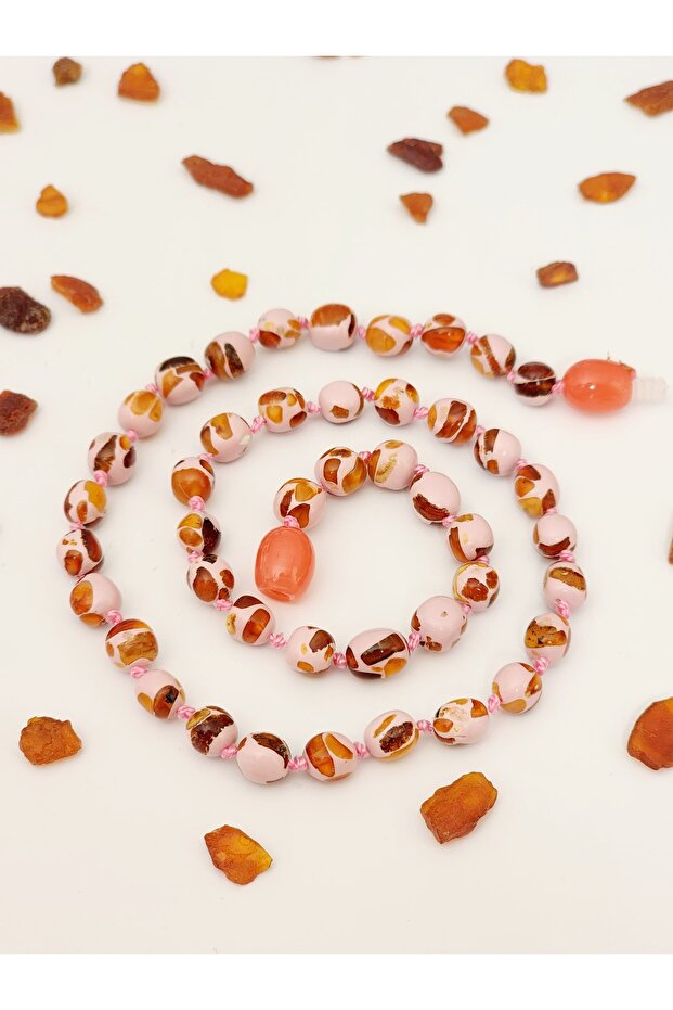 Mosaic Soft Pink Amber Baby Teeth Necklace 33 cm