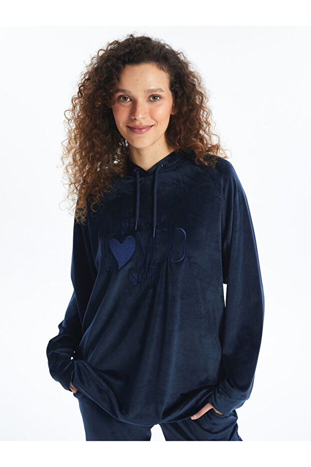 Kapüşonlu Kadife Kadın Pijama Üst - 1