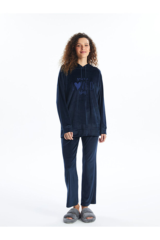 Kapüşonlu Kadife Kadın Pijama Üst - 3