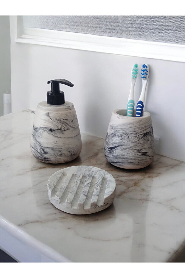 Gray Bathroom Set with Marble Pattern - 6