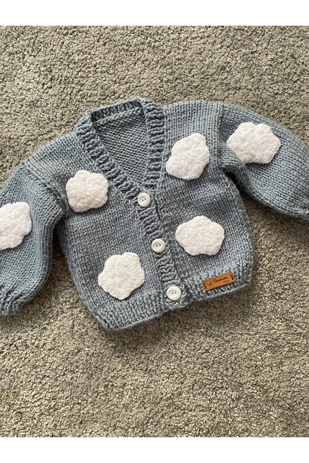 Cloud Detailed Hand Knitted Boy's Cardigan