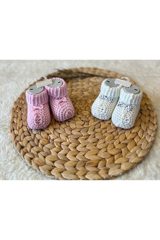 2’li Kurdeleli Pembe Ekru Kız Erkek Bebek Triko Patik - 1