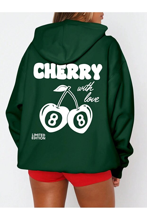 سويت شيرت نسائي مطبوع عليه شعار CHERRY، قماش مدمج بثلاث خيوط (بطانة داخلية من القطن)