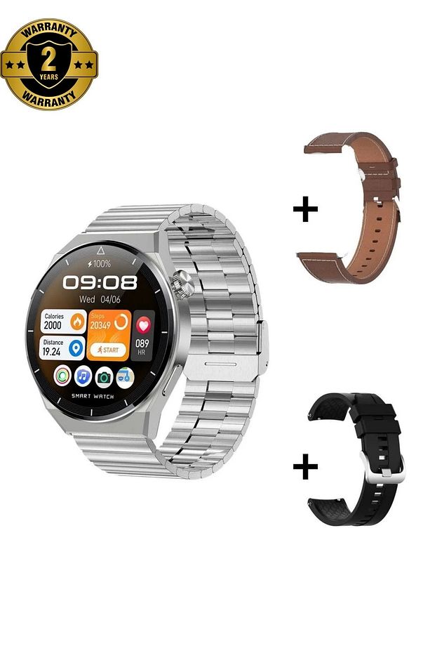 Premium Erkek Gümüş Akıllı Saat gt3 Gümüş 3 Kordonlu Ios ve Android Uyumlu Deri Silikon Çelik Watch - 1