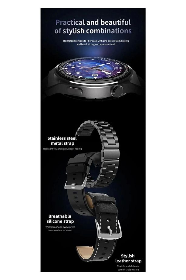 Premium Erkek Gümüş Akıllı Saat gt3 Gümüş 3 Kordonlu Ios ve Android Uyumlu Deri Silikon Çelik Watch - 2