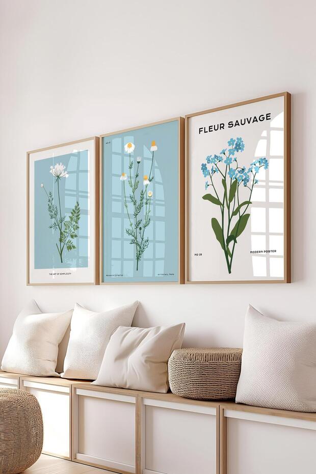 Çerçeveli Tablo Seti, 3 Adet Ahşap Çerçeve ve Minimalist Çiçekler Temalı Poster Seti, No:300482 - 2