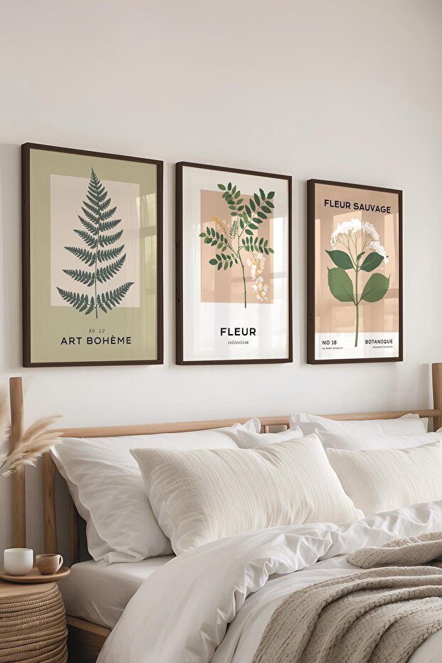 Çerçeveli Tablo Seti, 3 Adet Siyah Çerçeve ve Minimalist Çiçekler Temalı Poster Seti, No:300485 - 5