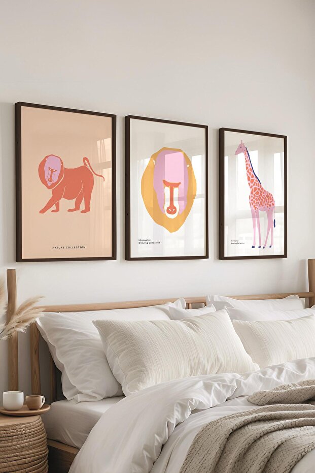 Çerçeveli Tablo Seti, 3 Adet Siyah Çerçeve ve Minimalist Vahşi Yaşam Temalı Poster Seti, No:300488 - 5