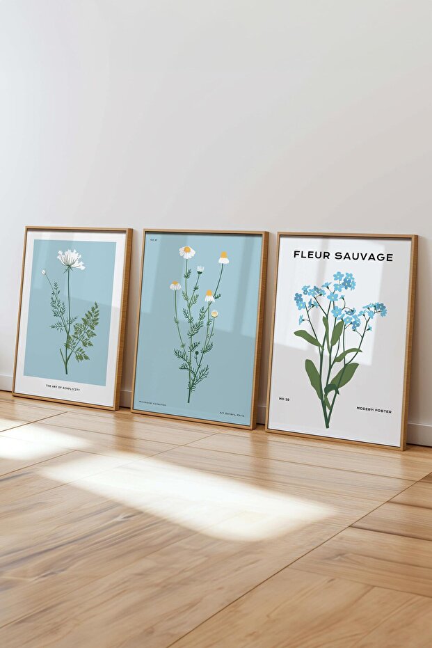 Çerçeveli Tablo Seti, 3 Adet Ahşap Çerçeve ve Minimalist Çiçekler Temalı Poster Seti, No:300482 - 5
