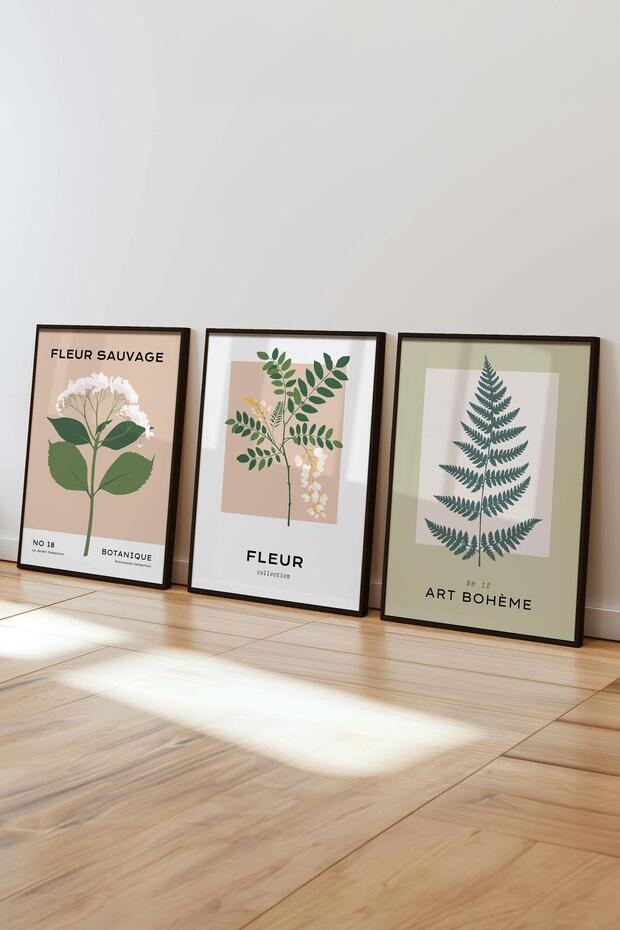Çerçeveli Tablo Seti, 3 Adet Siyah Çerçeve ve Minimalist Çiçekler Temalı Poster Seti, No:300485 - 4