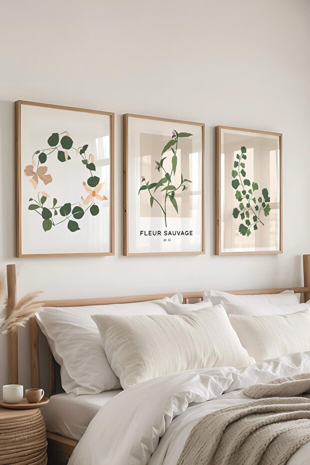 Çerçeveli Tablo Seti, 3 Adet Ahşap Çerçeve ve Minimalist Botanik Temalı Poster Seti, No:300478 - 1