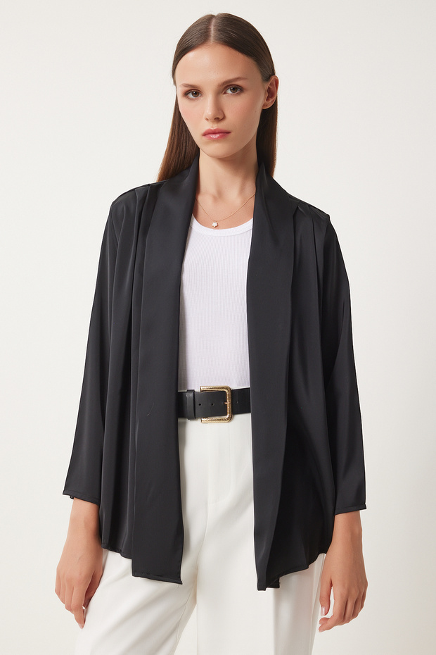Shawl Collar Stylish Satin Surface Jacket Black Lmc0040