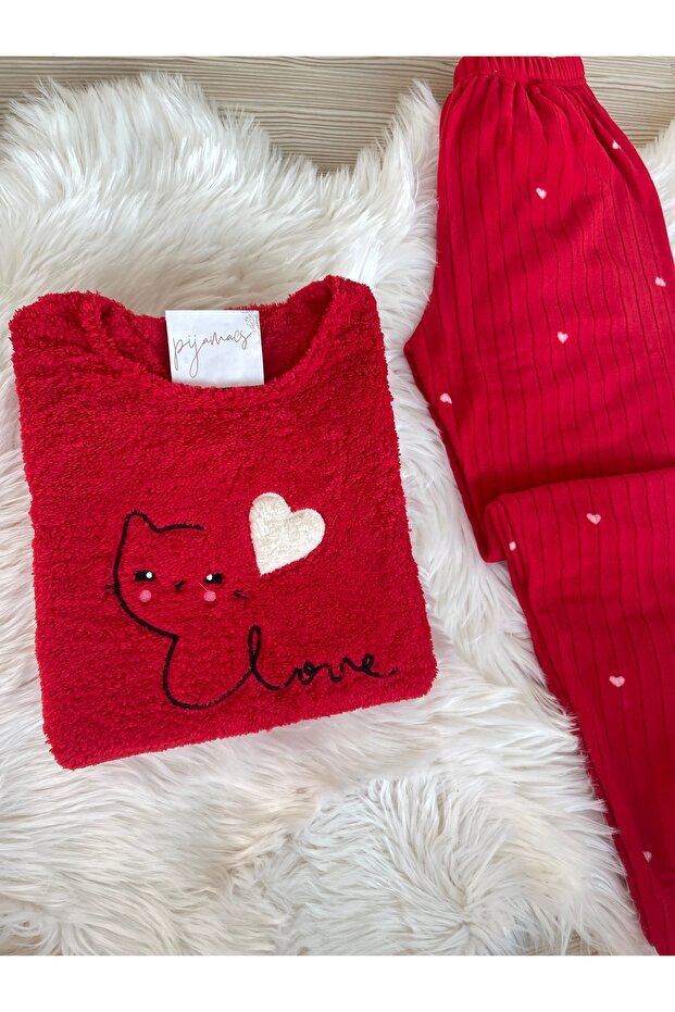 Kırmızı Kedi ve Kalp Desenli  Polar Pijama Takımı - 4